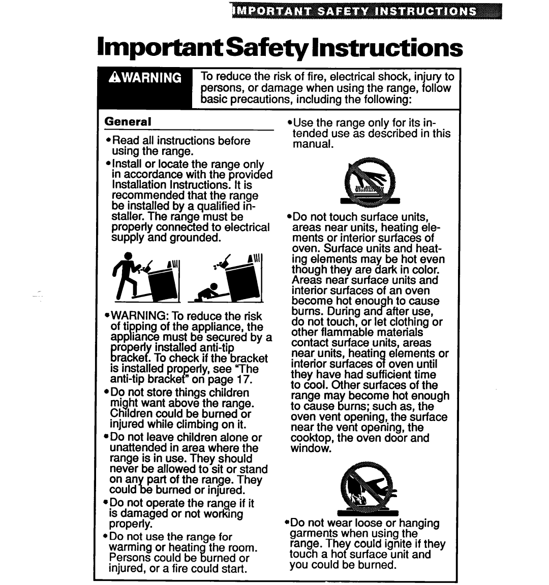 Whirlpool RF314PXY warranty ImportantSafetylnstructions 