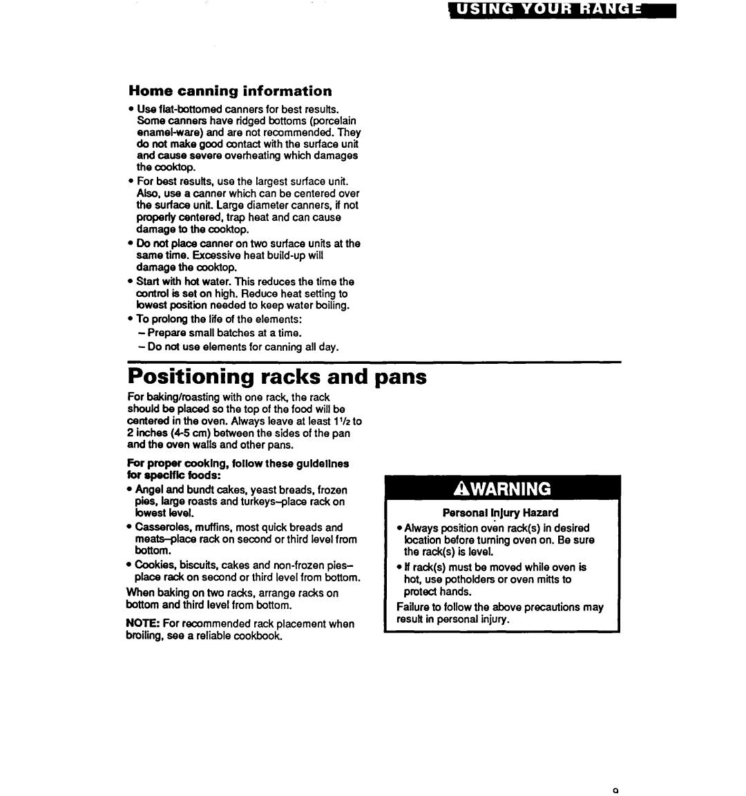 Whirlpool RF314PXY warranty Positioning racks and pans, Home canning information, Personal Injury Hazard 