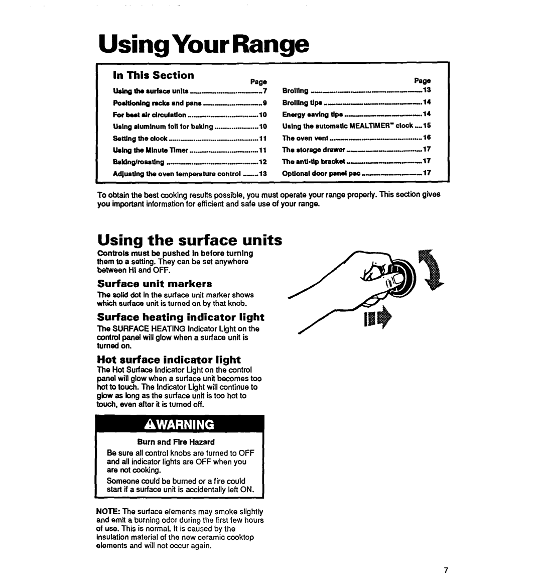 Whirlpool RF314PXY warranty Using Your Range, Using the surface units, This, Section, Surface unit markers, turned on 