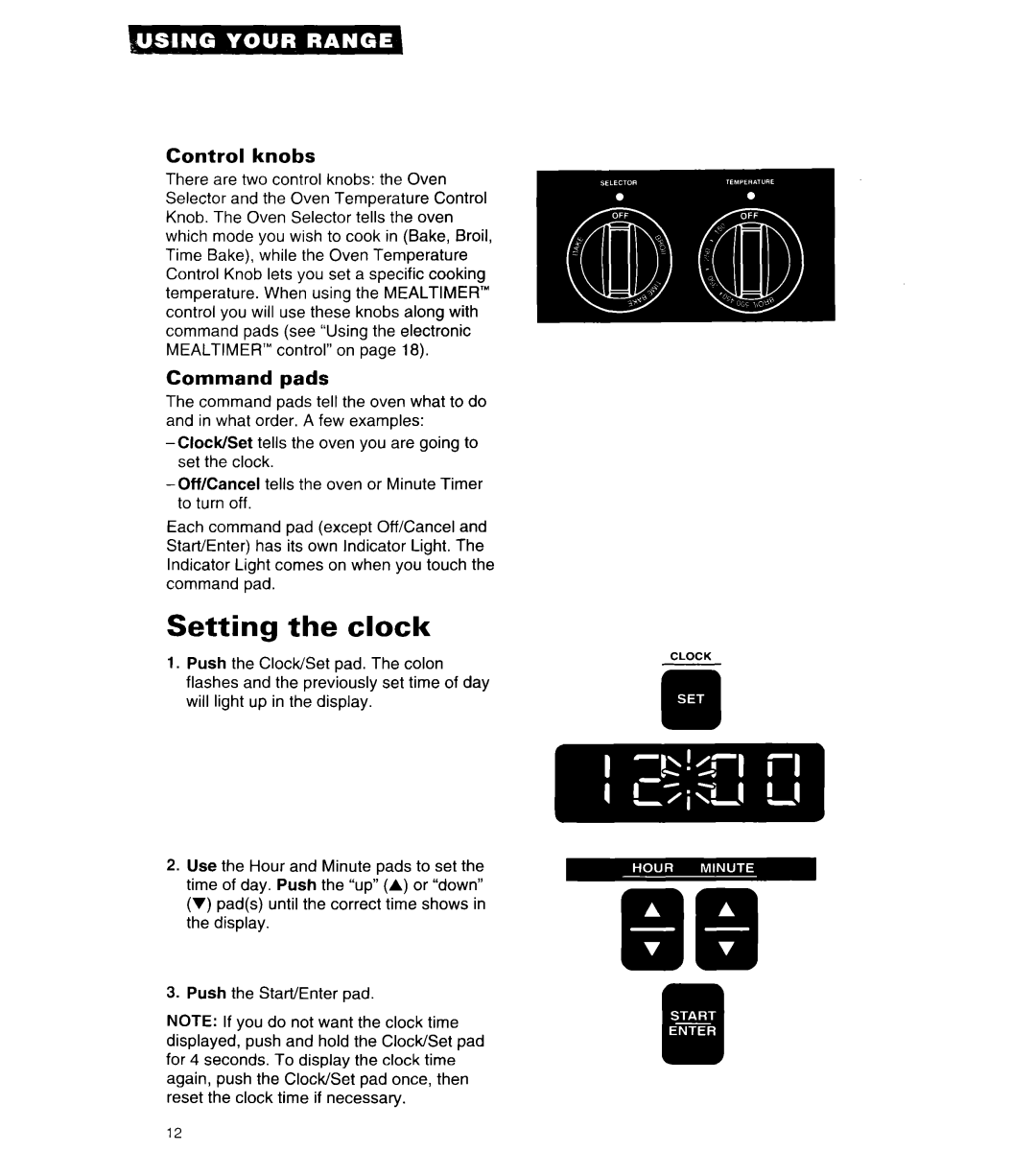 Whirlpool RF315PCY important safety instructions Setting the clock, Control knobs, Command pads 