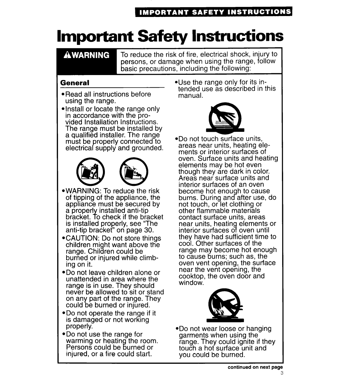 Whirlpool RF315PCY important safety instructions Important Safety Instructions, General 