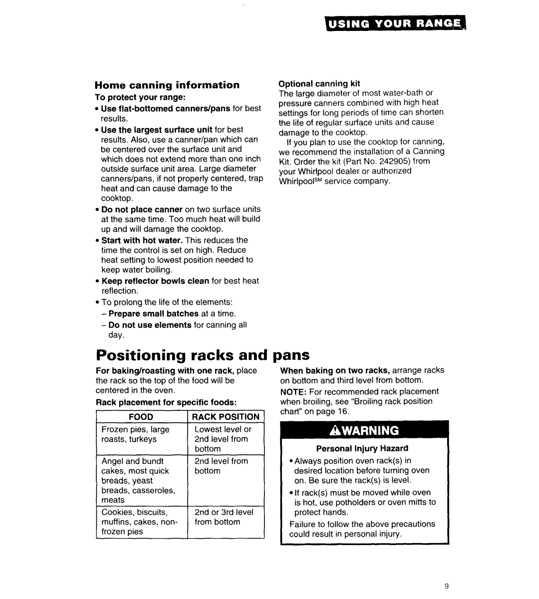 Whirlpool RF315PCY important safety instructions Positioning Racks Pans, Home canning information, Food Rack Position 