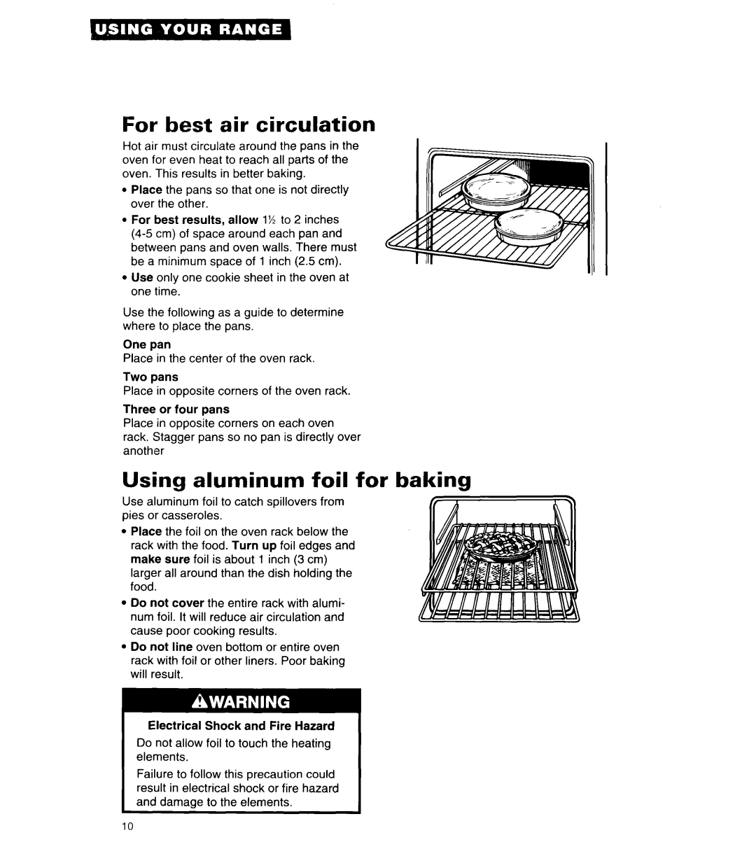 Whirlpool RF315PCY important safety instructions For best air circulation, Using aluminum foil for baking 