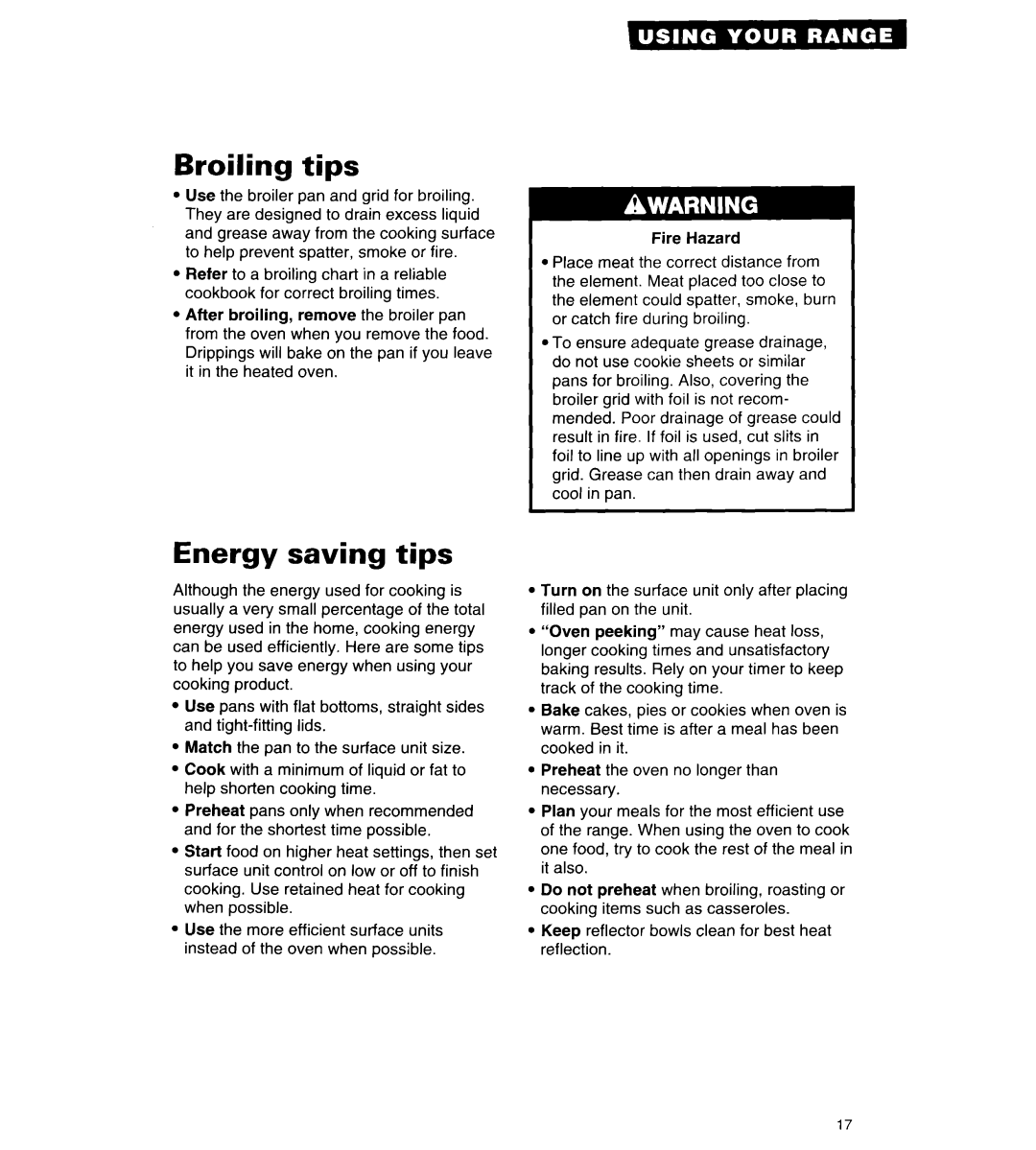 Whirlpool RF315PCY important safety instructions Broiling tips, Energy saving tips 