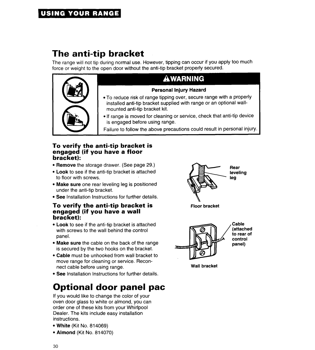 Whirlpool RF315PCY important safety instructions The anti-tipbracket, Optional door panel pat 