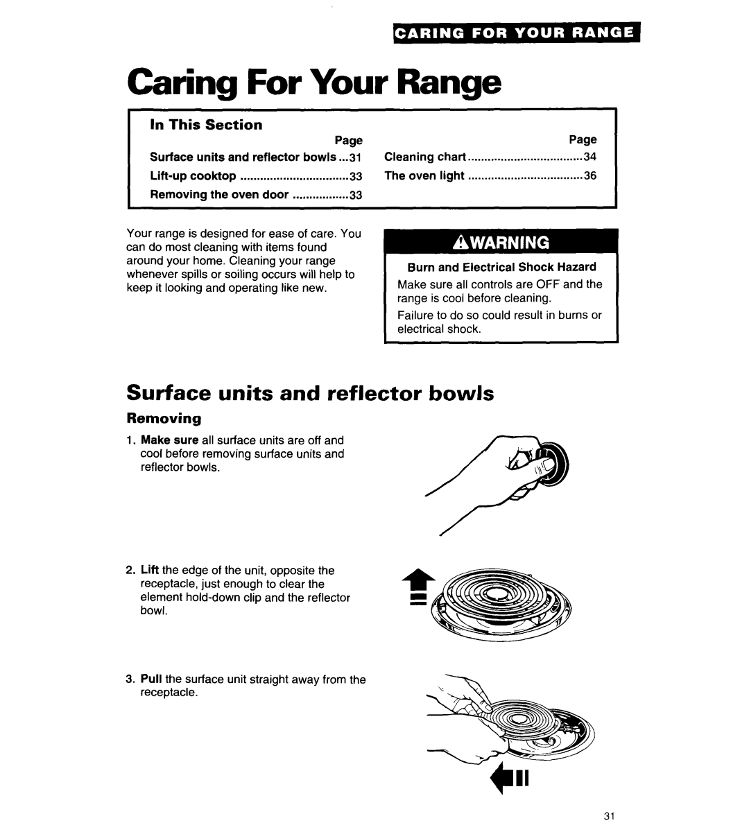 Whirlpool RF315PCY Caring For Your Range, Surface units and reflector bowls, In This Section, Removing 