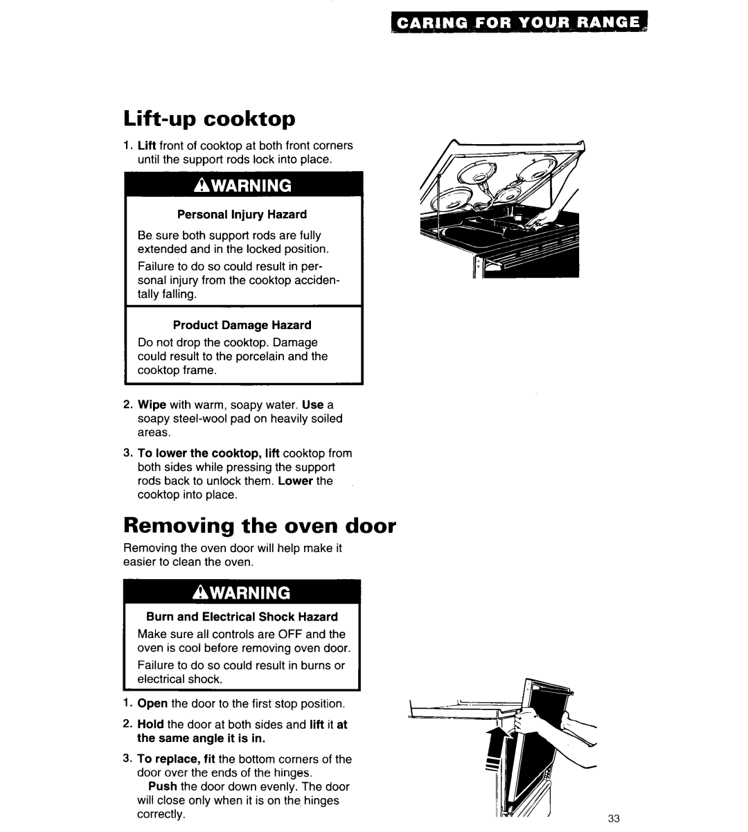 Whirlpool RF315PCY important safety instructions Lift-upcooktop, Removing the oven door 