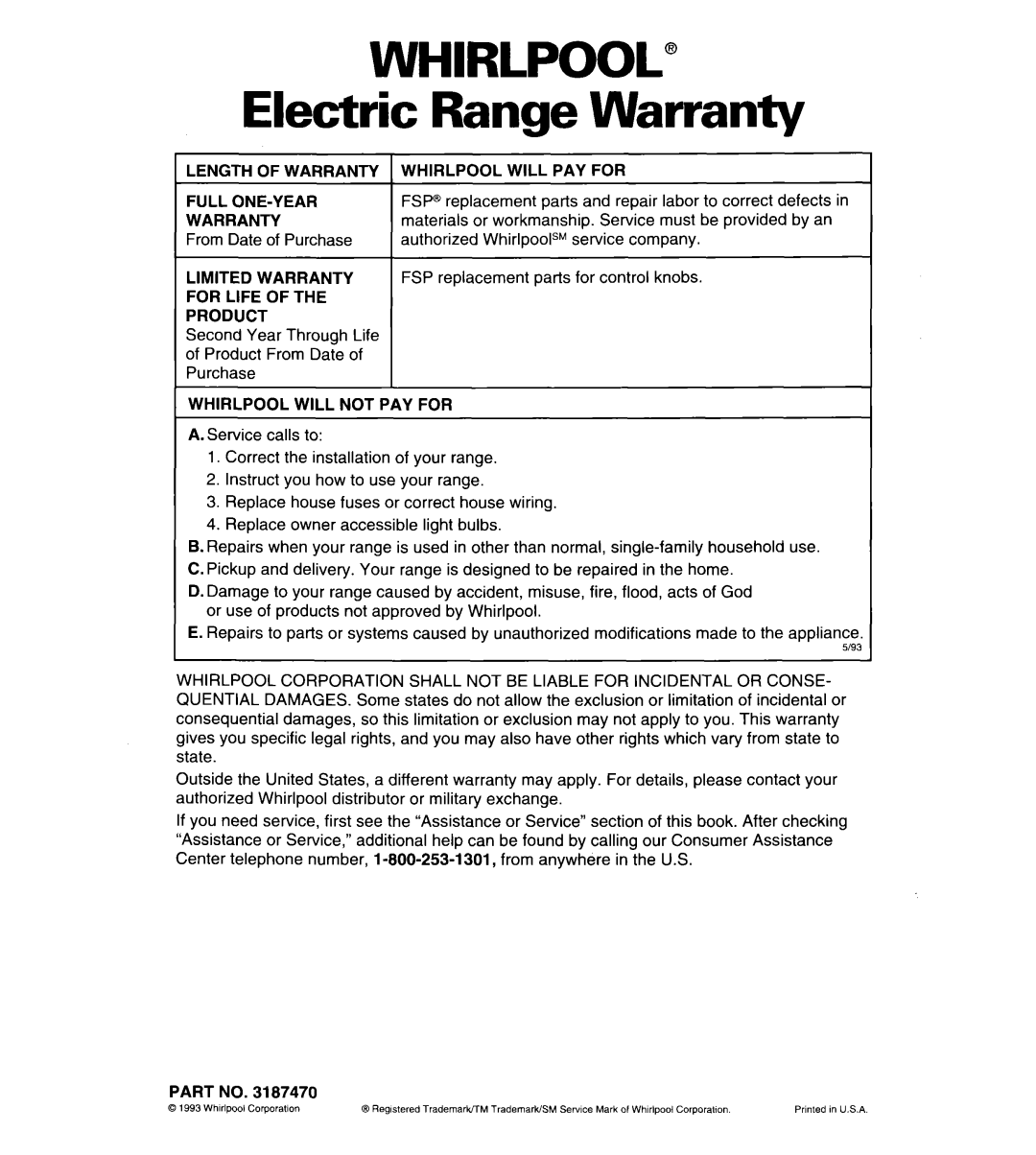 Whirlpool RF315PCY important safety instructions WHIRLPOOL” Electric Range Warranty 