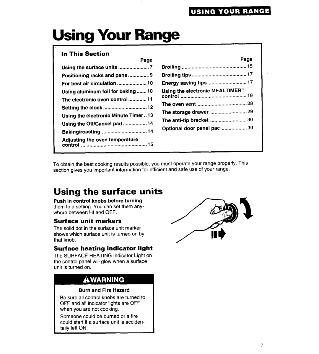 Whirlpool RF315PCY important safety instructions Your, Range, Using the surface units, In This, Surface unit markers 