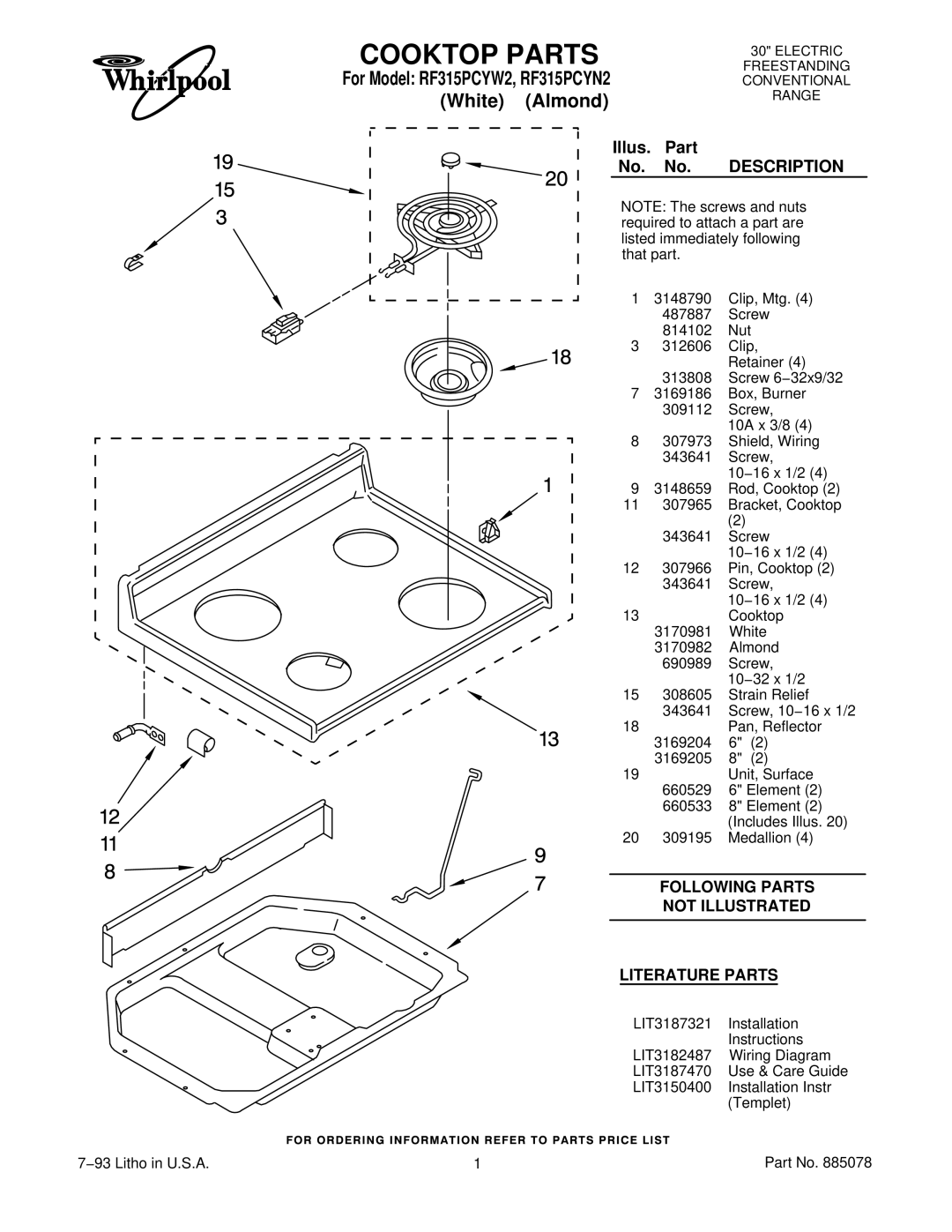 Whirlpool RF315PCYN2, RF315PCYW2 installation instructions Cooktop Parts, Illus. Part No. No. Description 