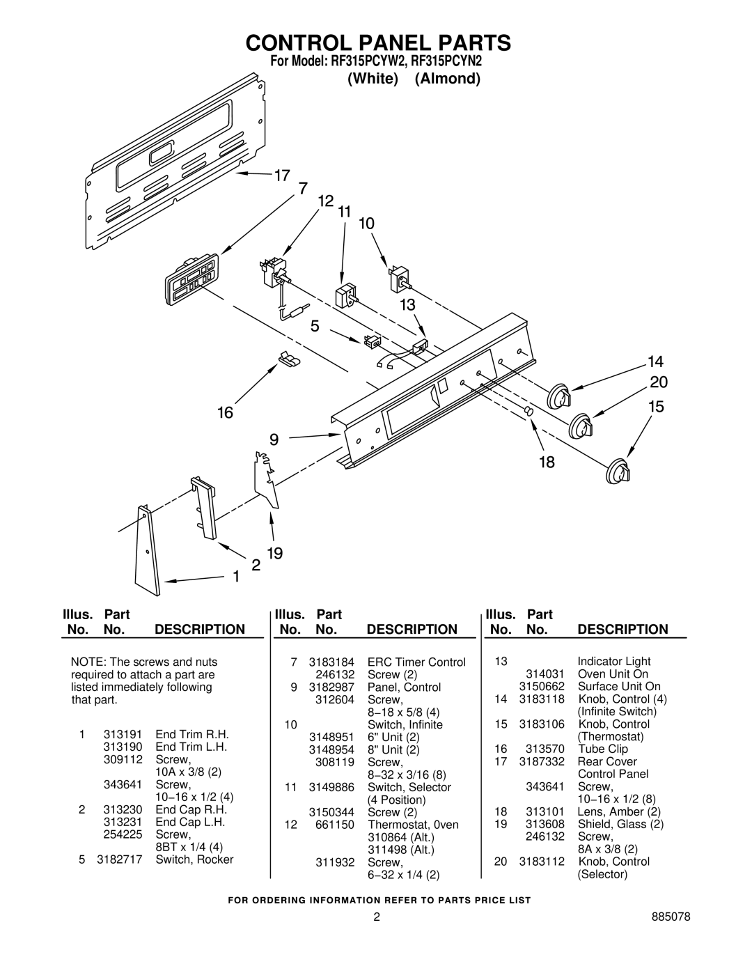 Whirlpool RF315PCYW2, RF315PCYN2 installation instructions Control Panel Parts 