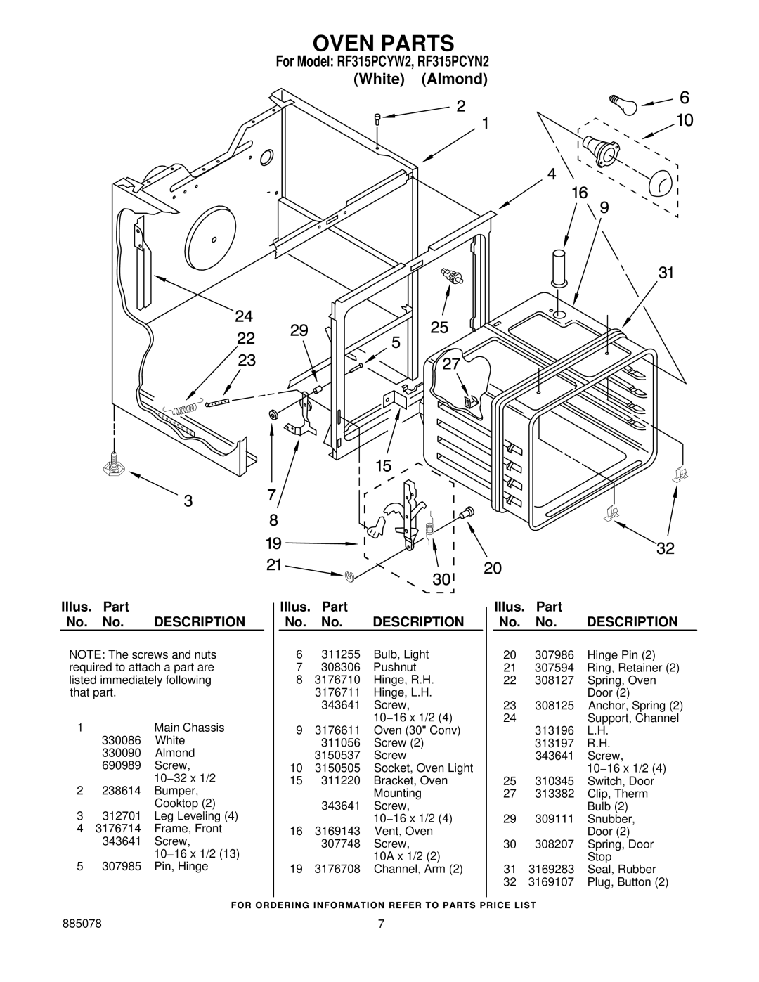 Whirlpool RF315PCYN2, RF315PCYW2 installation instructions Oven Parts 