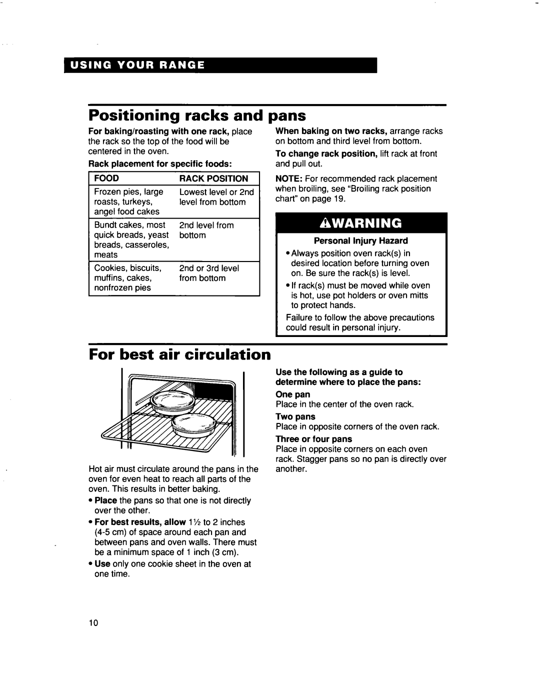 Whirlpool RF315PXD manual Positioning racks, Pans, For best air circulation, Food 