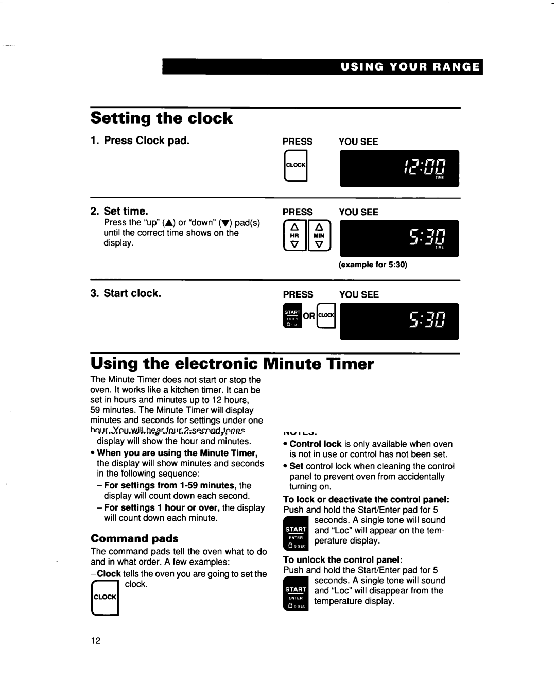 Whirlpool RF315PXD manual Setting the clock, Using the electronic Minute Timer, Press Clock pad Set time, Start clock 