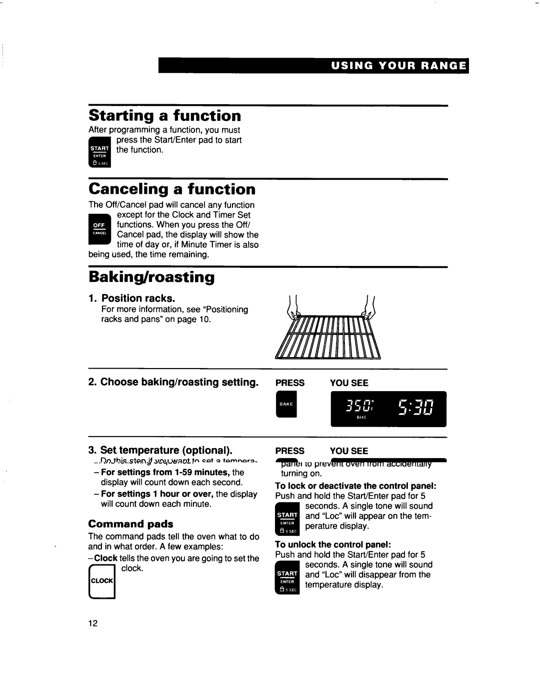 Whirlpool RF315PXD manual Starting a function, Canceling a function, Baking/roasting 