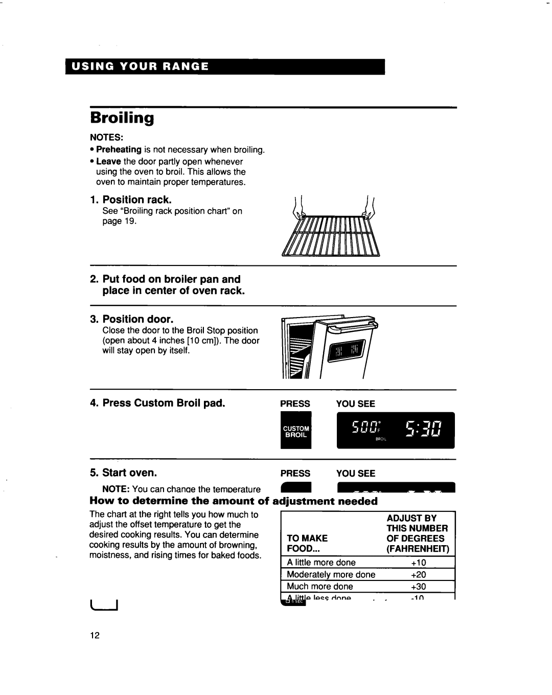 Whirlpool RF315PXD manual Broiling, Position rack, Press Custom Broil pad Start oven, When broiling is done, turn off, Oven 