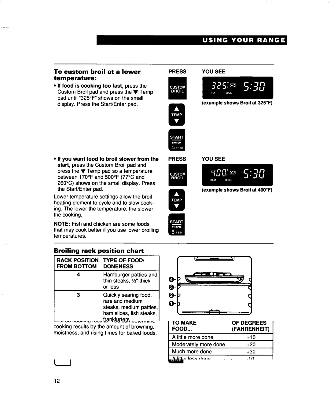 Whirlpool RF315PXD manual To custom broil at a lower temperature, Broiling rack position chart, Example shows Broil at 325F 