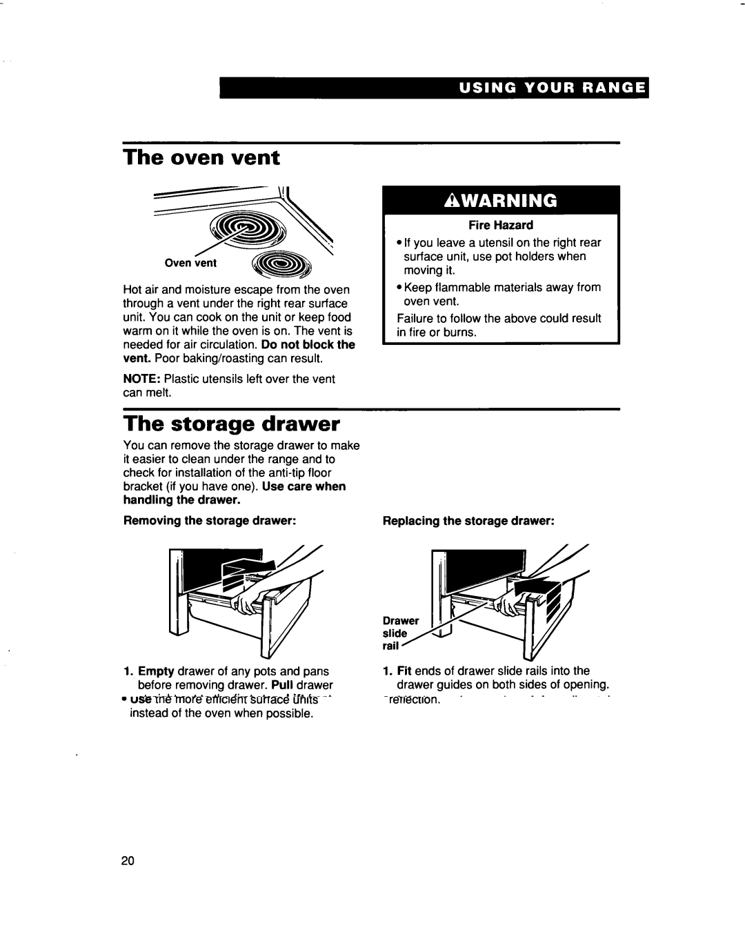 Whirlpool RF315PXD Oven vent, Storage drawer, Removing the storage drawer, Replacing the storage drawer Dra slid rail 