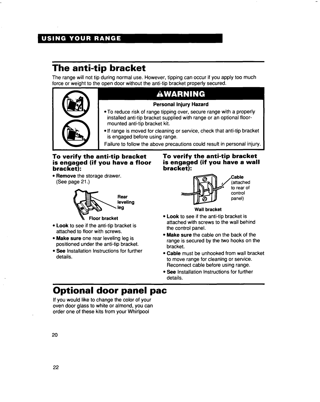 Whirlpool RF315PXD manual Anti-tip bracket, Optional door panel pat 