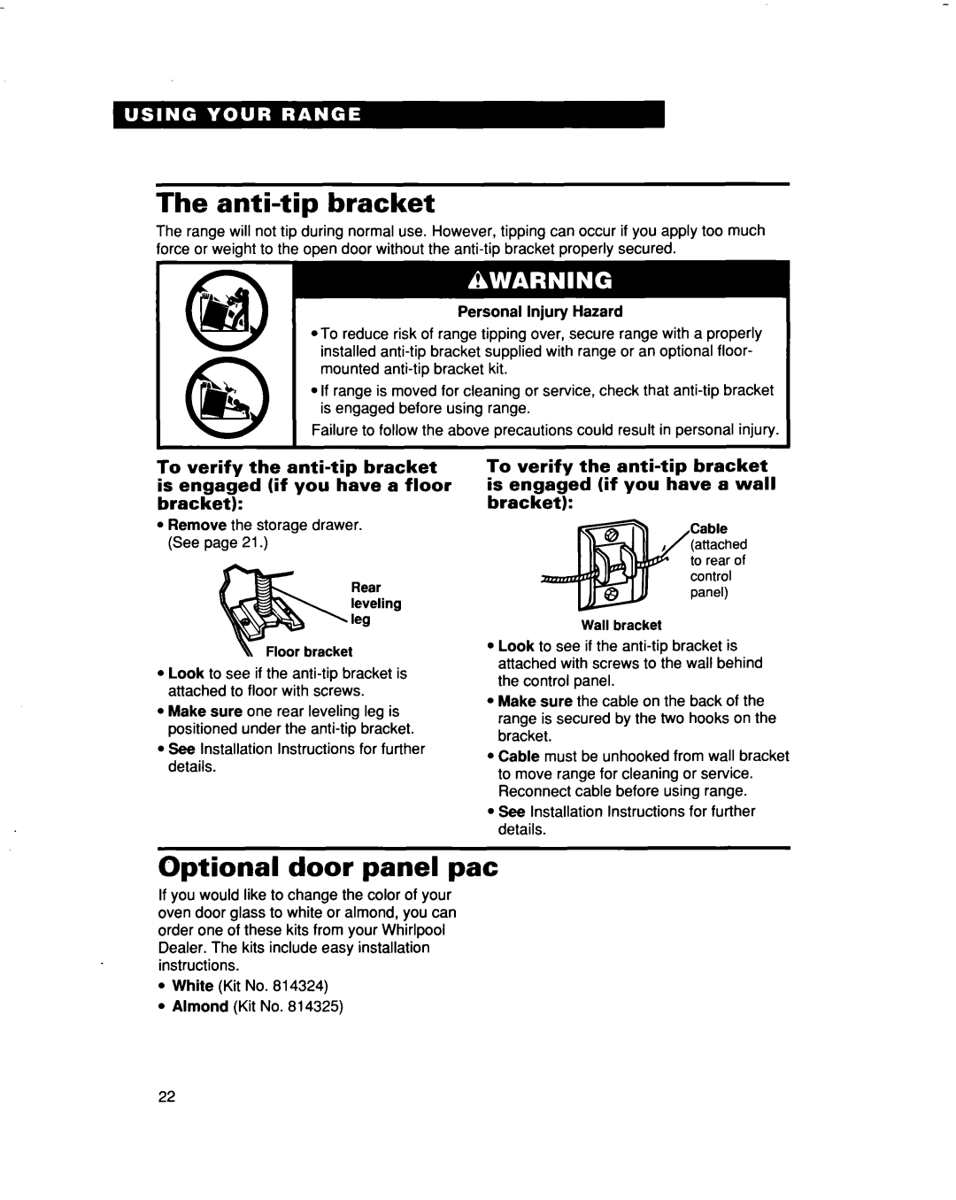 Whirlpool RF315PXD The anti-tipbracket, Optional door panel pat, To verify the anti-tipbracket, Personal Injury Hazard 