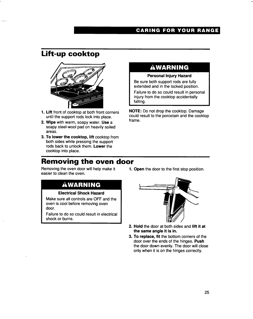 Whirlpool RF315PXD manual Lift-upcooktop, Removing the oven door, Personal Injury Hazard, Electrical Shock Hazard 