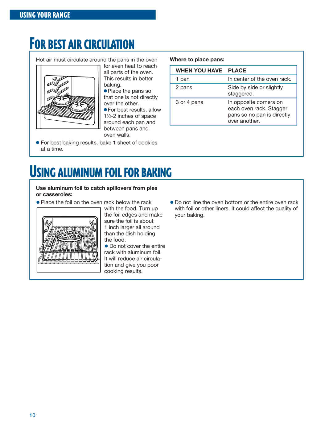 Whirlpool RF315PXE For Best AIR Circulation, Using Aluminum Foil for Baking, Where to place pans, When YOU have Place 