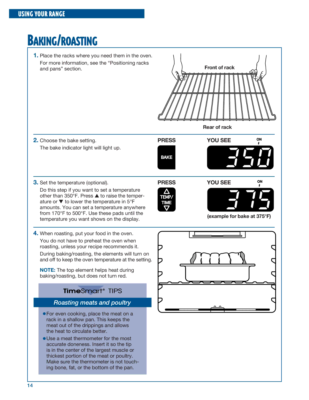 Whirlpool RF315PXE Baking/Roasting, Front of rack, Rear of rack, Set the temperature optional, Example for bake at 375F 