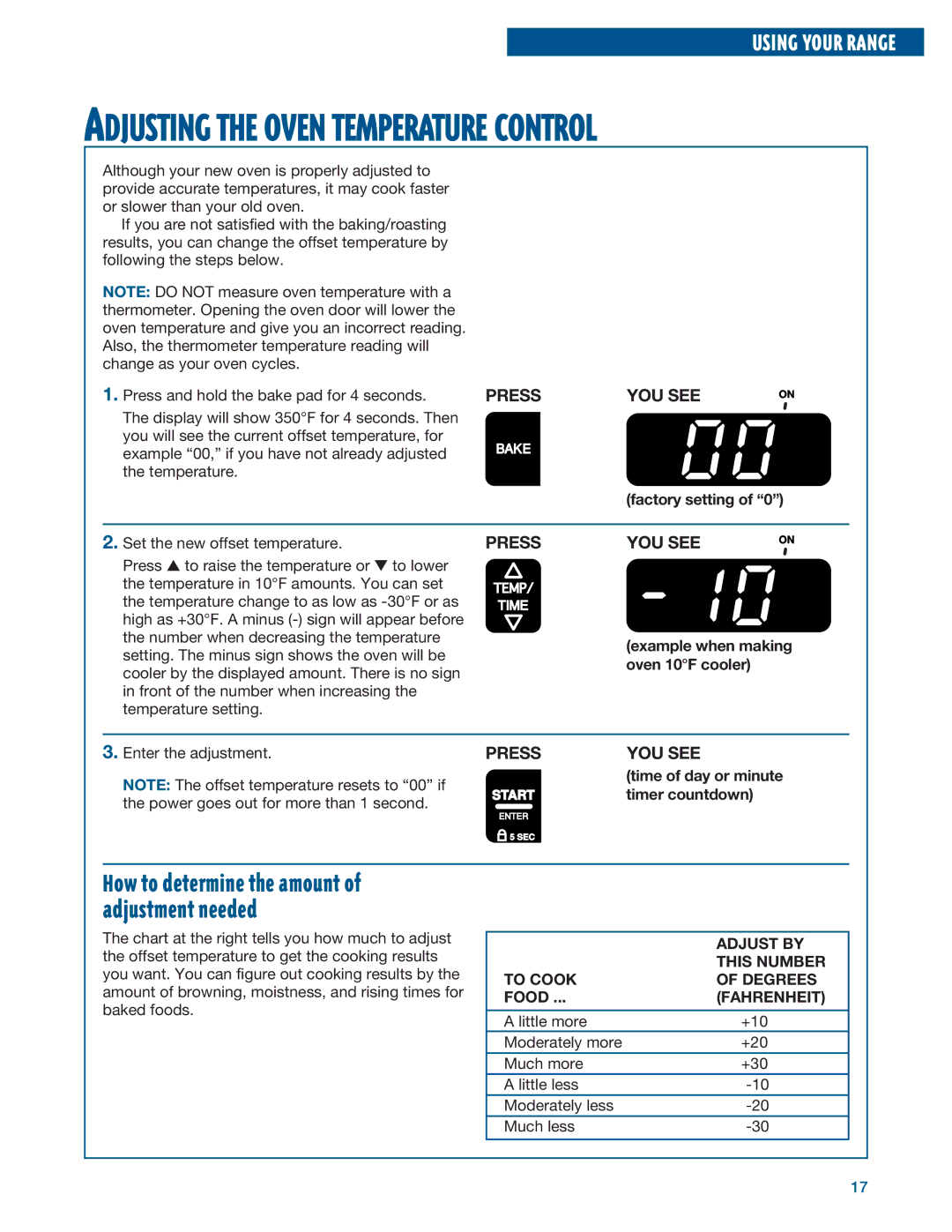 Whirlpool RF315PXE warranty Adjust by, This Number, To Cook Degrees, Fahrenheit 