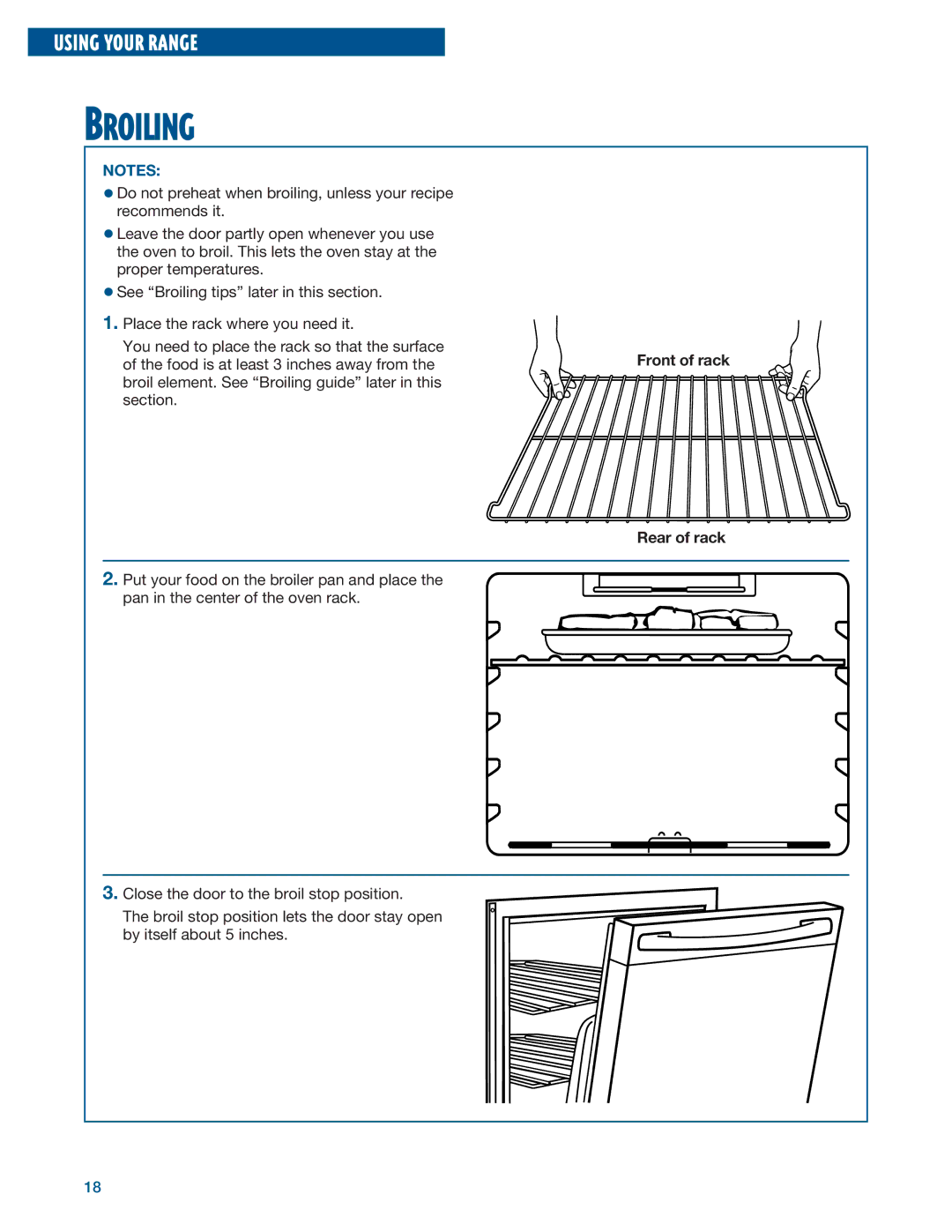 Whirlpool RF315PXE warranty Broiling, Front of rack Rear of rack 