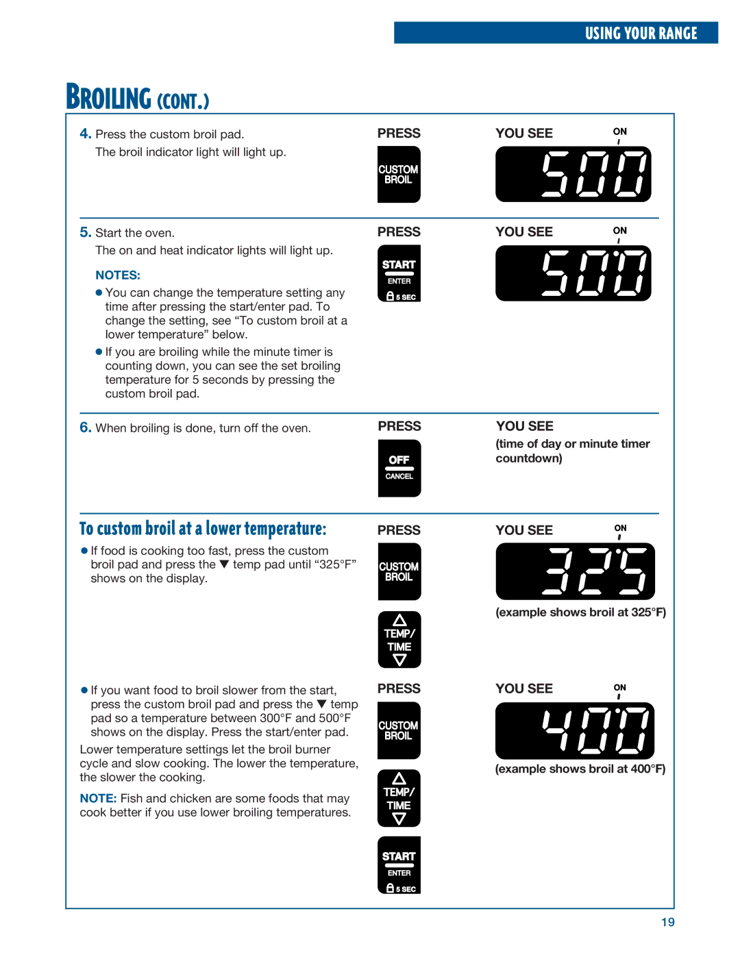 Whirlpool RF315PXE warranty Example shows broil at 325F, Example shows broil at 400F 