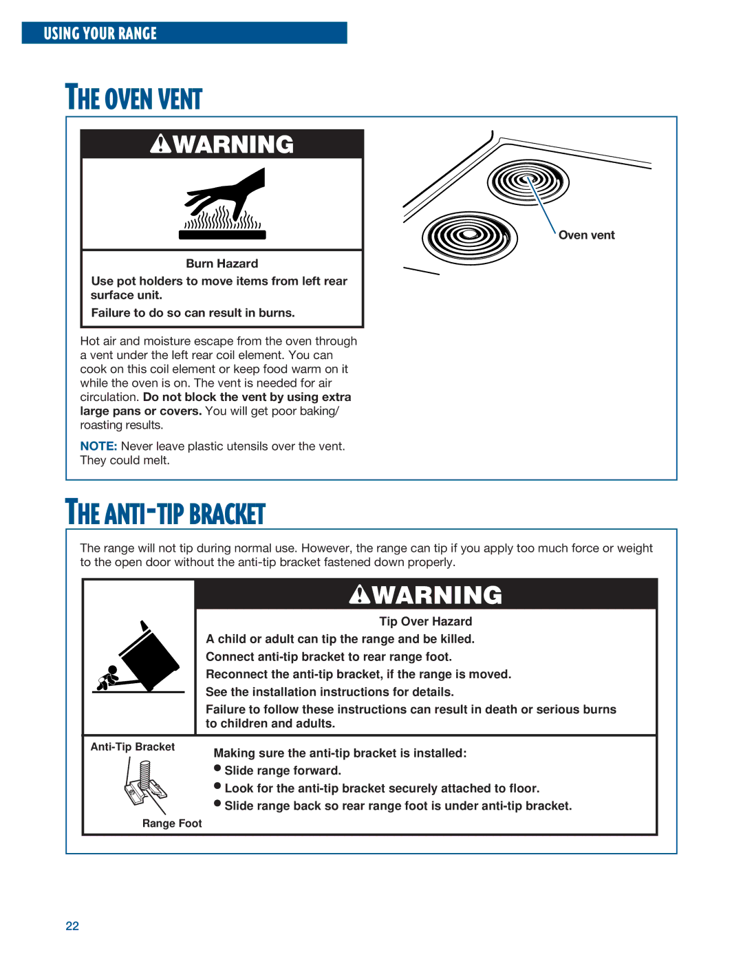 Whirlpool RF315PXE warranty ANTI-TIP Bracket, Wwarning 