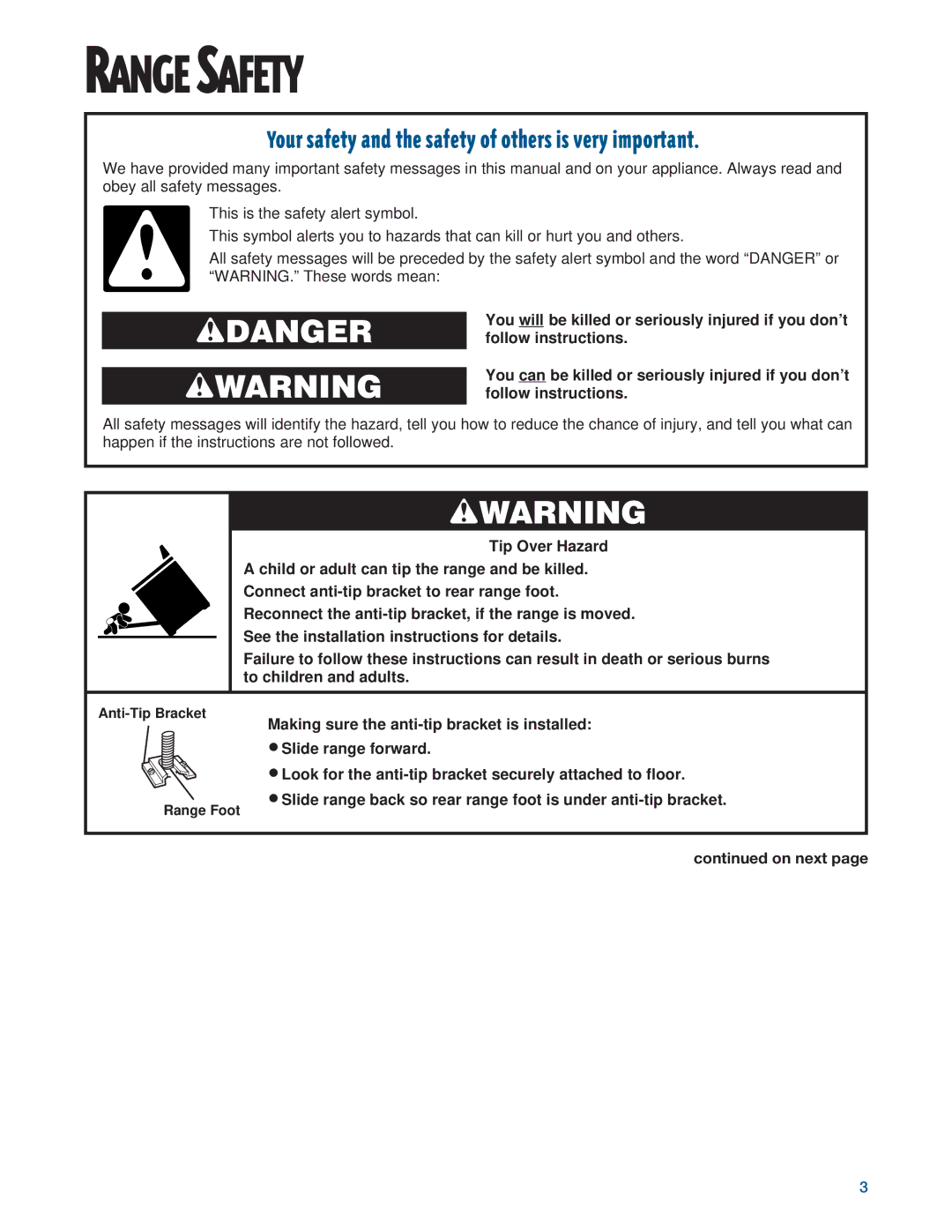 Whirlpool RF315PXE warranty Range Safety, On next 