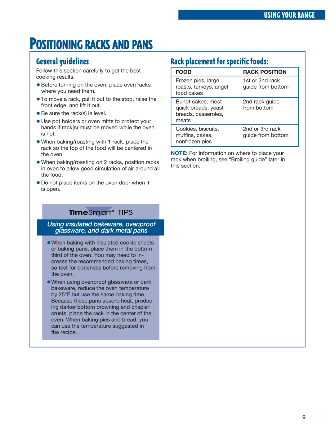 Whirlpool RF315PXE Positioning Racks and Pans, General guidelines, Rack placement for specific foods, Food Rack Position 