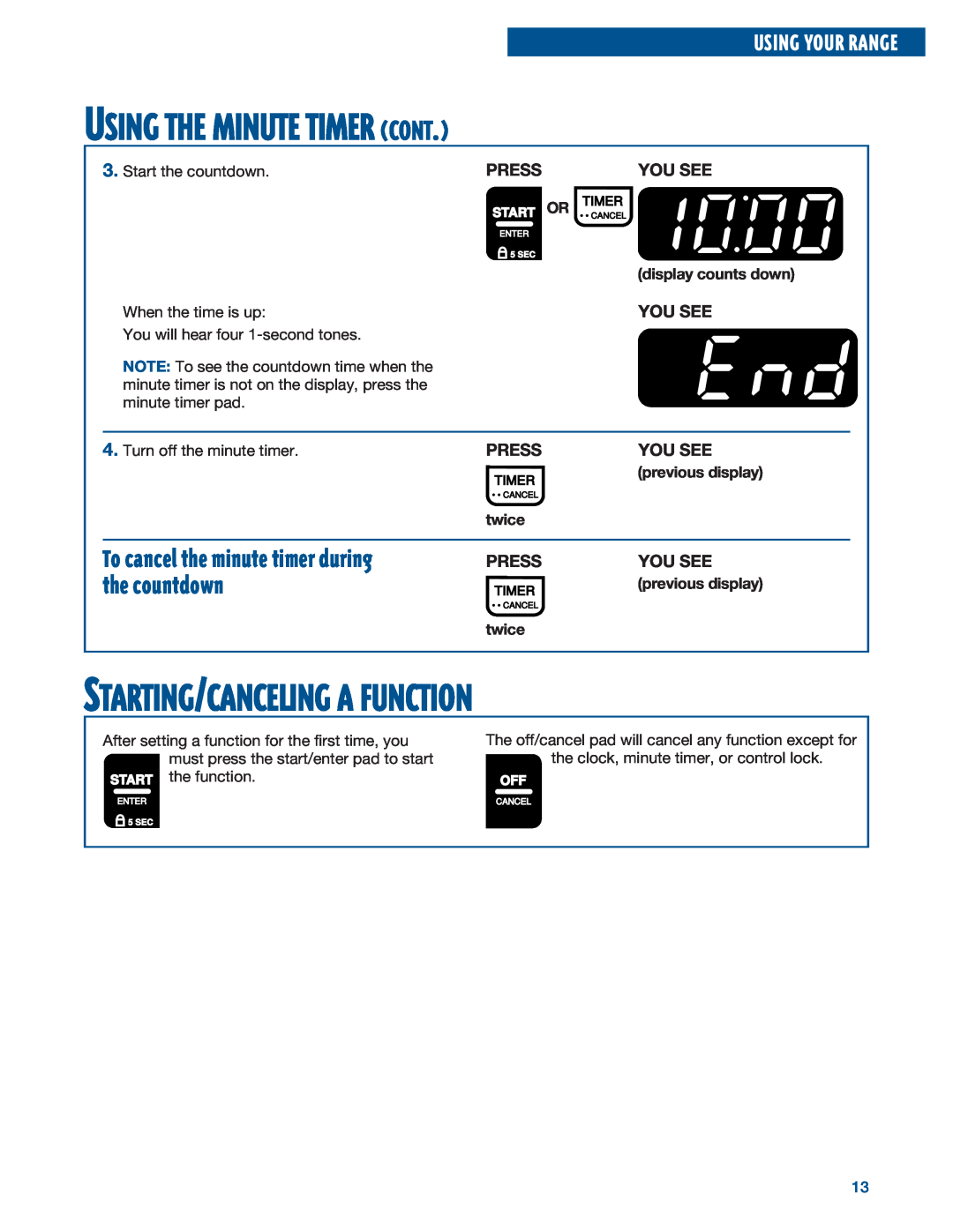 Whirlpool RF315PXE warranty Using The Minute Timer Cont, Starting/Canceling A Function, You See, Using Your Range, Press 