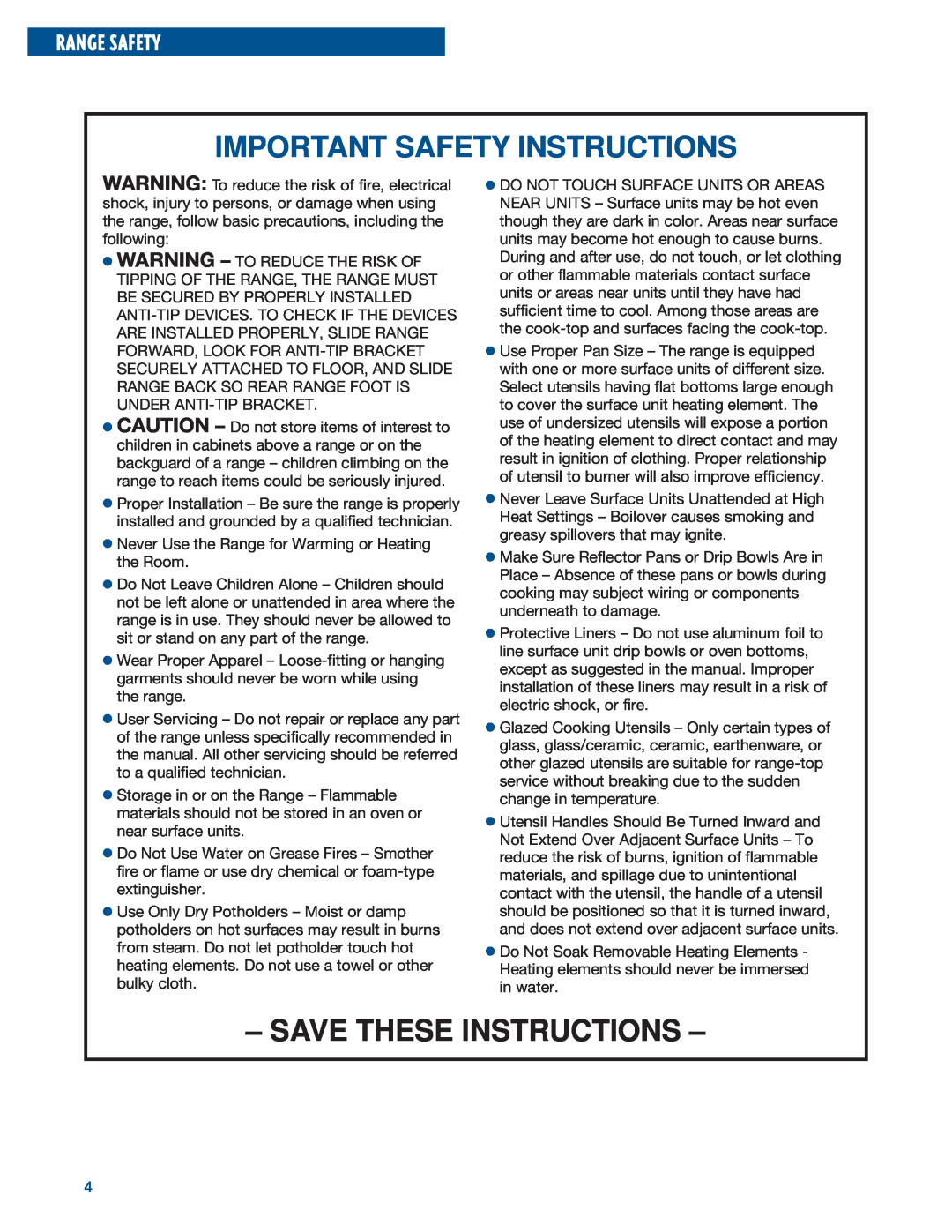 Whirlpool RF315PXE warranty Important Safety Instructions, Save These Instructions, Range Safety 