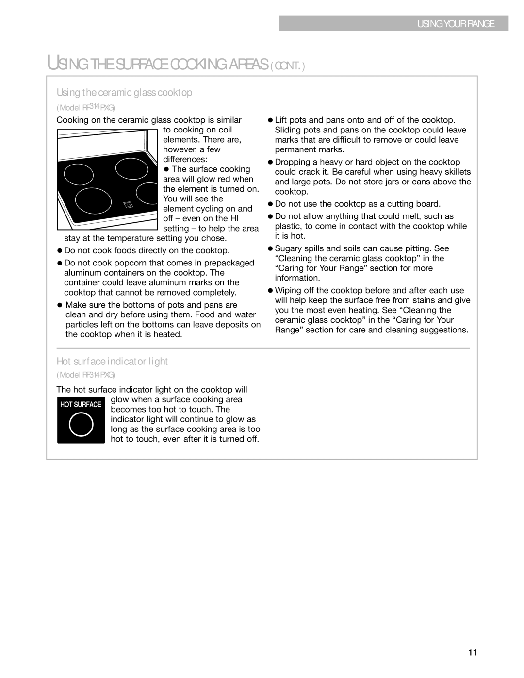 Whirlpool RF314PXG, RF315PXG manual Hot surface indicator light, Using the ceramic glass cooktop 