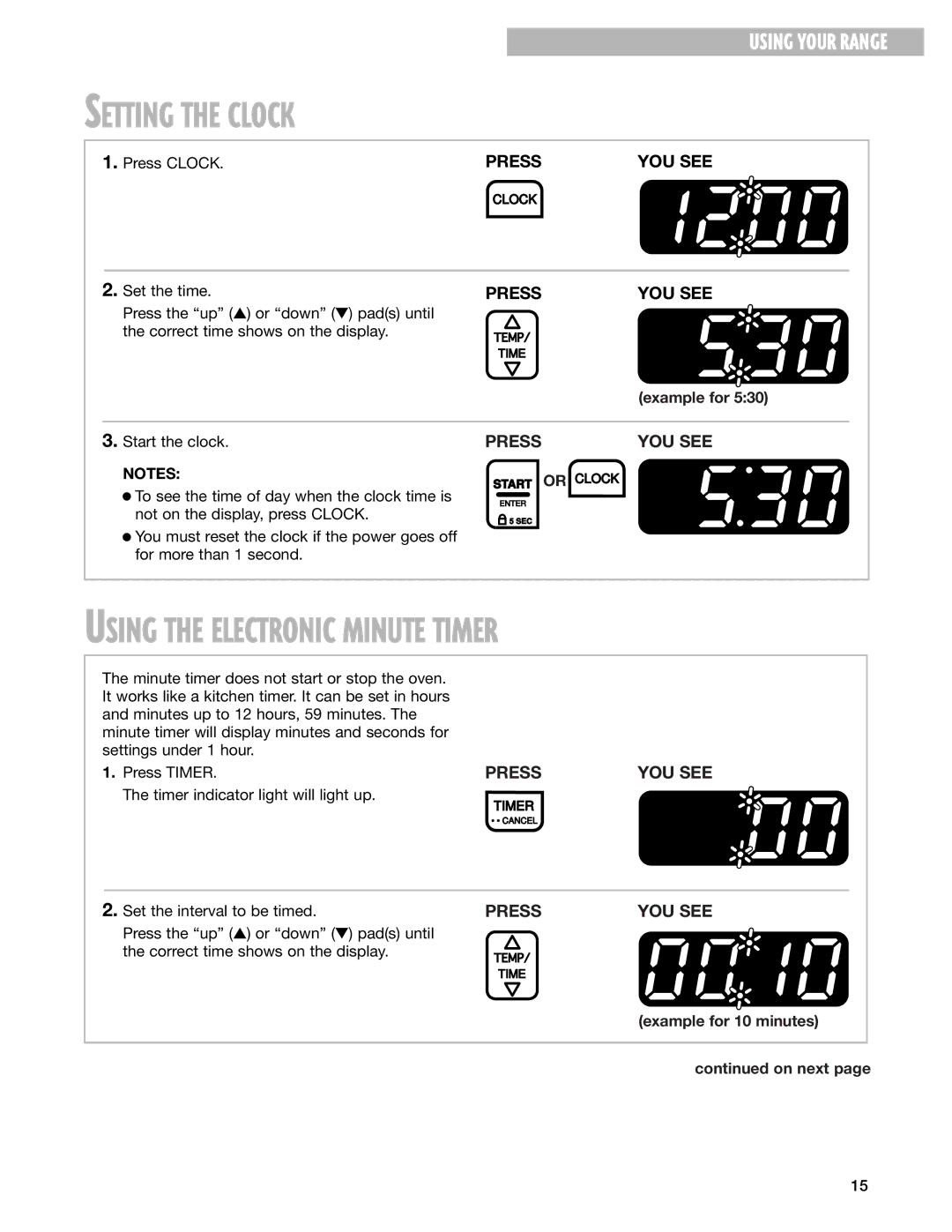 Whirlpool RF314PXG, RF315PXG manual Setting the Clock, Using the Electronic Minute Timer, Example for 10 minutes On next 