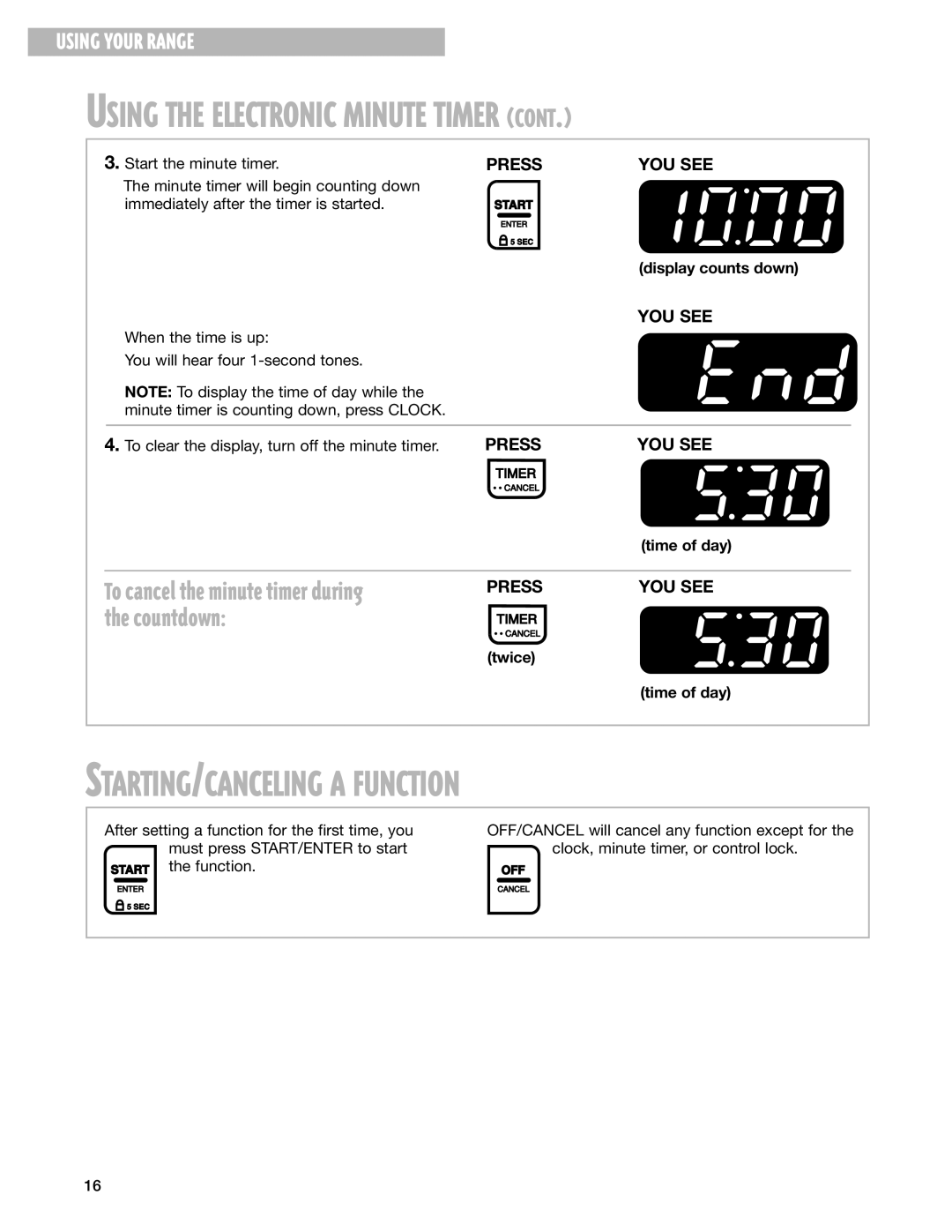 Whirlpool RF315PXG, RF314PXG manual STARTING/CANCELING a Function, Display counts down, Twice Time of day 