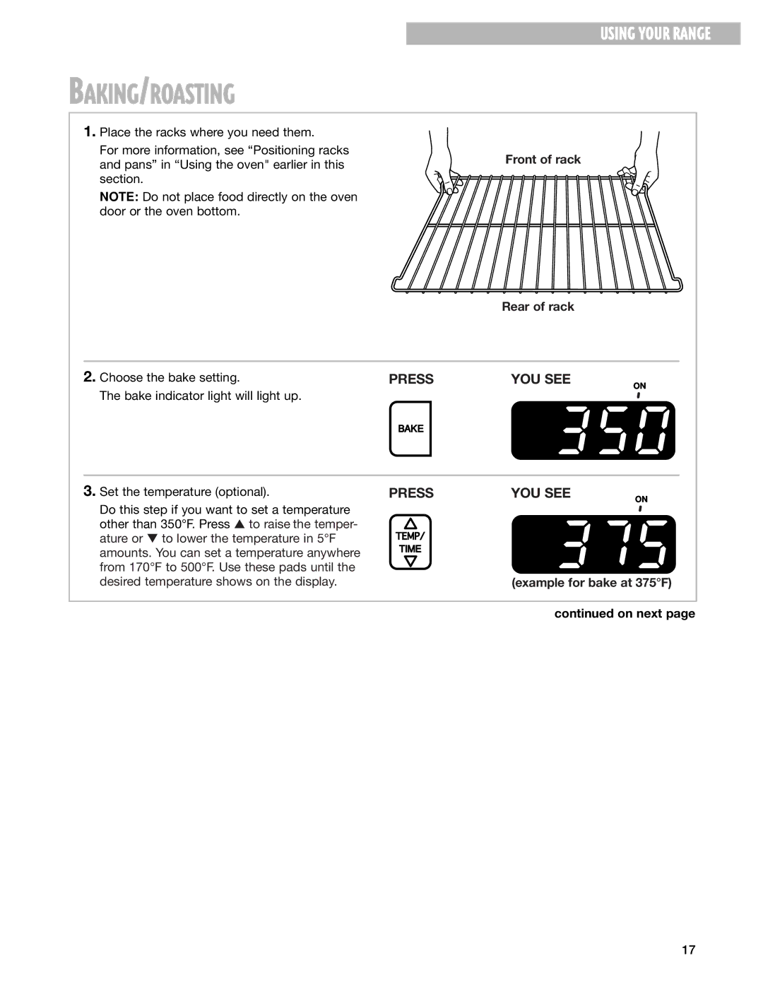 Whirlpool RF314PXG, RF315PXG manual Baking/Roasting, Front of rack, Rear of rack, Set the temperature optional 