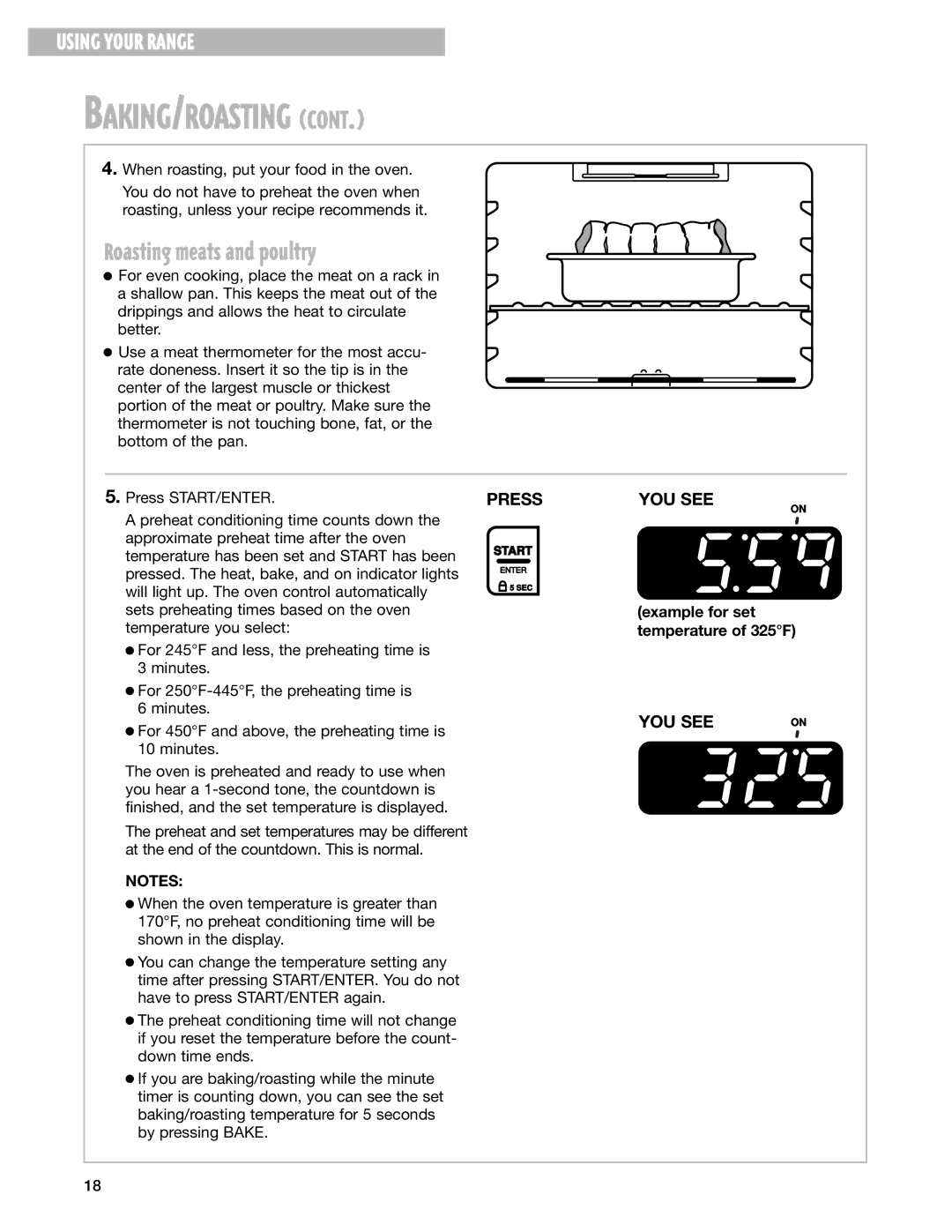 Whirlpool RF315PXG, RF314PXG manual Roasting meats and poultry, Example for set, Temperature of 325F 