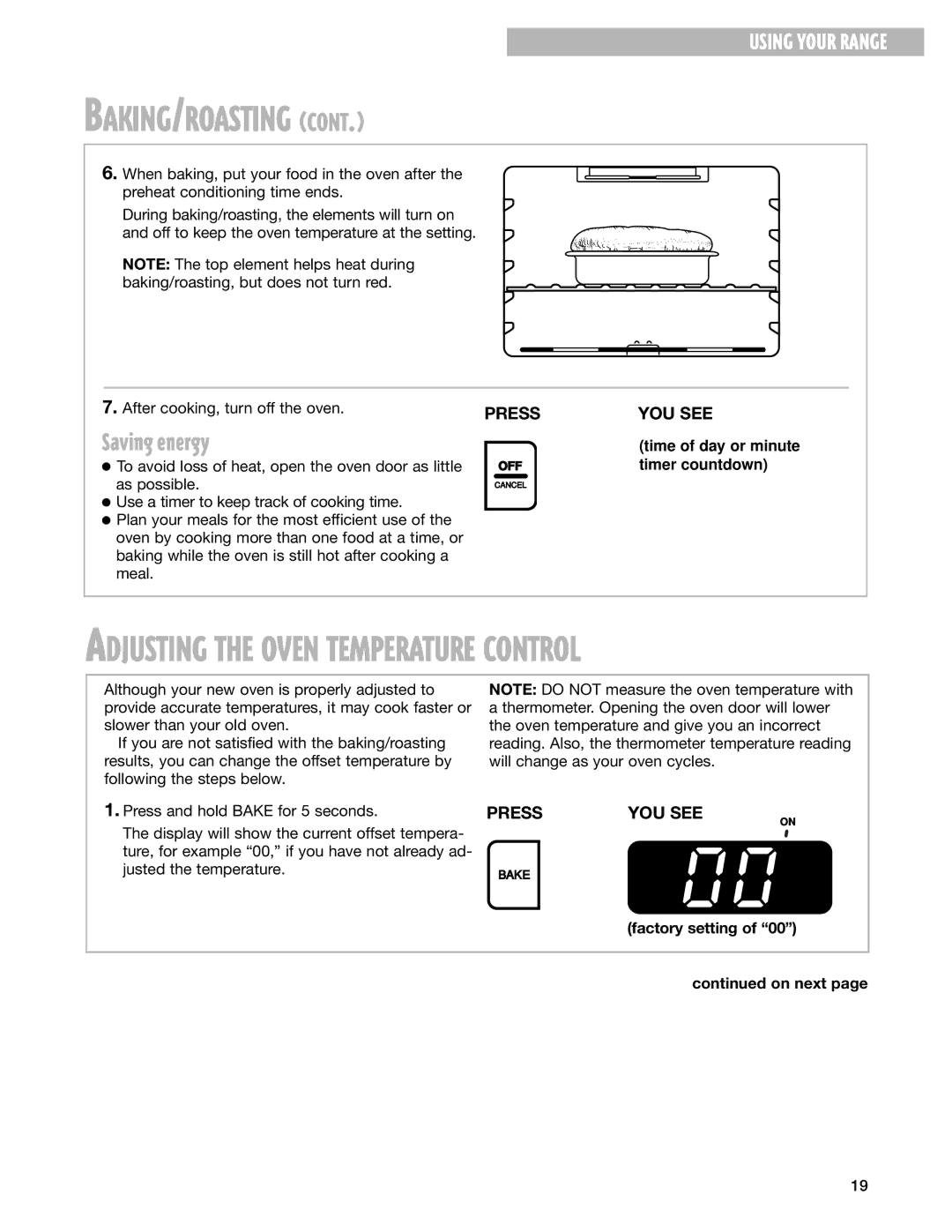 Whirlpool RF314PXG, RF315PXG manual Saving energy, Factory setting On next 