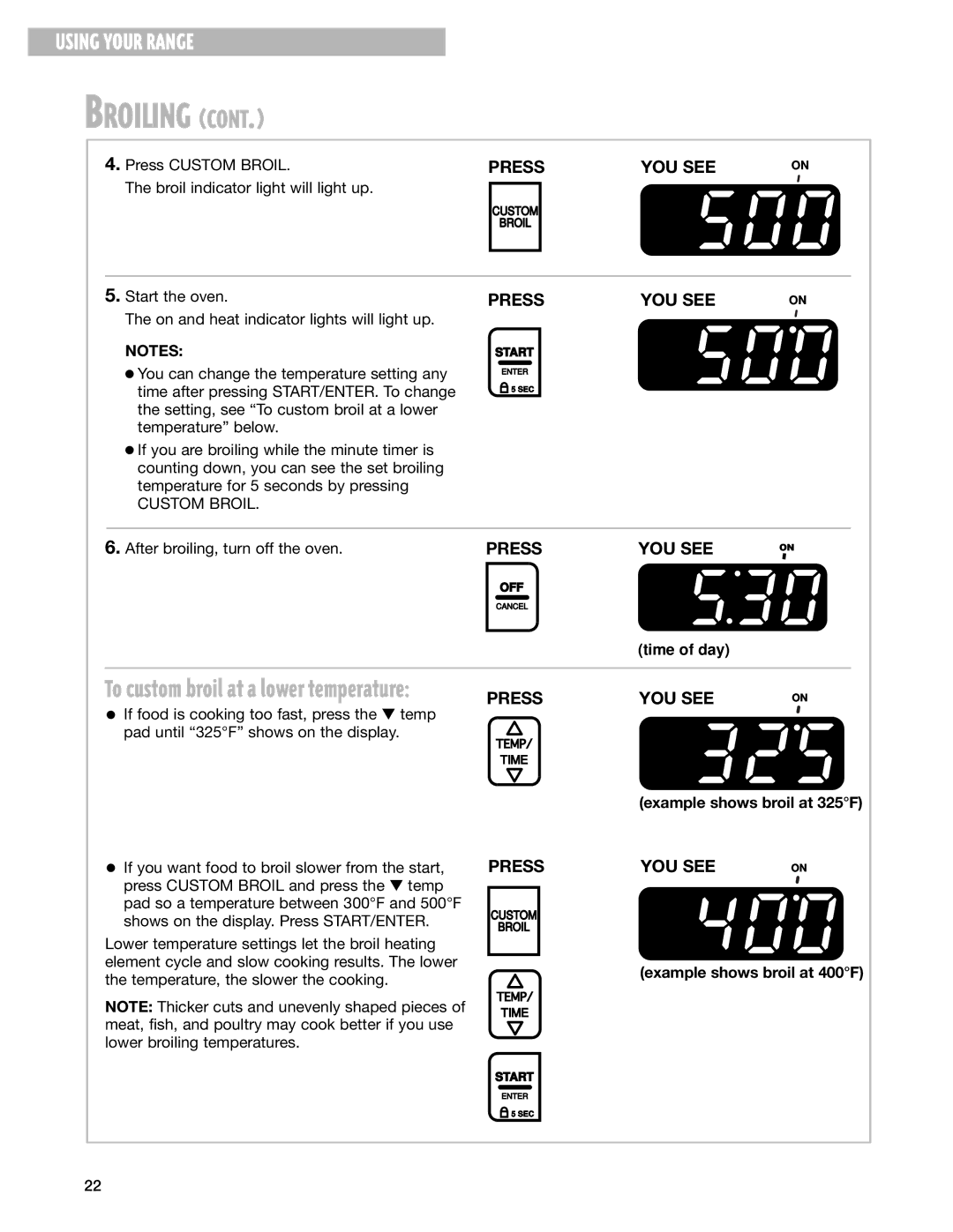 Whirlpool RF315PXG, RF314PXG manual Example shows broil at 325F, Example shows broil at 400F 