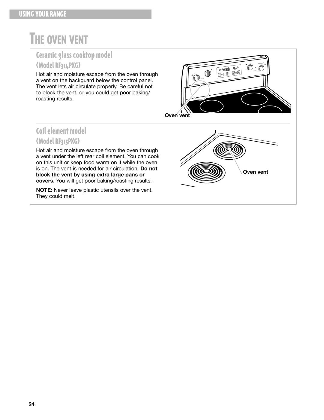 Whirlpool RF315PXG, RF314PXG manual Oven Vent, Ceramic glass cooktop model, Coil element model, Oven vent 