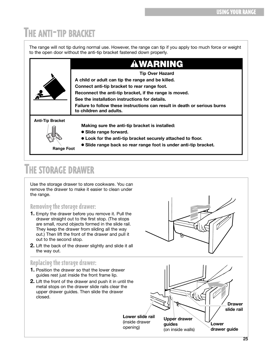 Whirlpool RF314PXG, RF315PXG ANTI-TIP Bracket, Storage Drawer, Removing the storage drawer, Replacing the storage drawer 