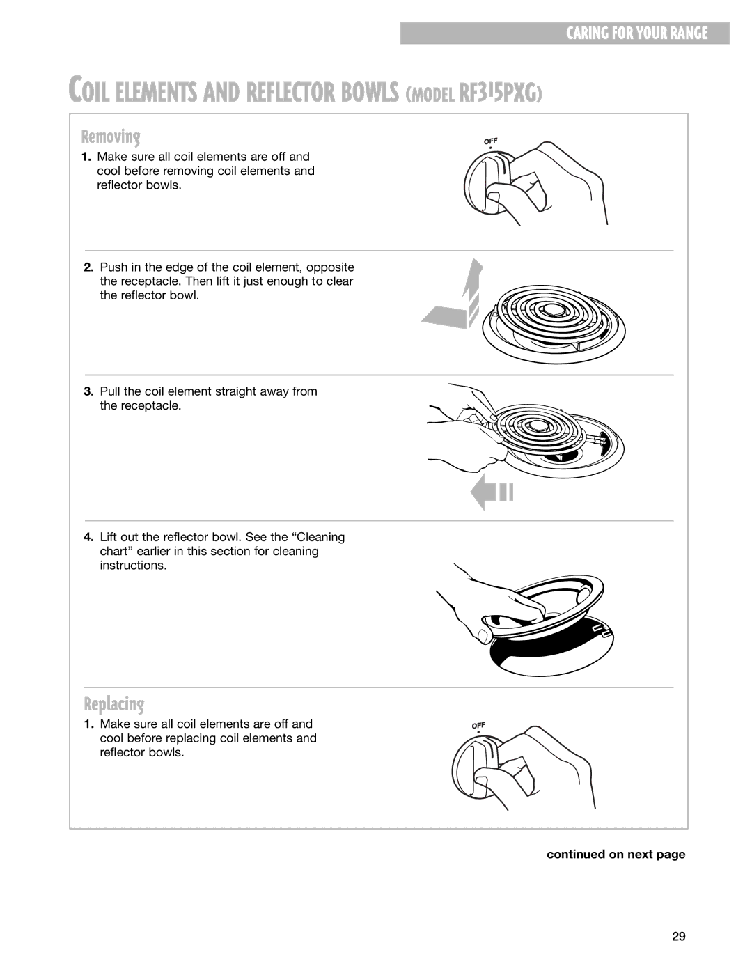 Whirlpool RF314PXG, RF315PXG manual Removing, Replacing 