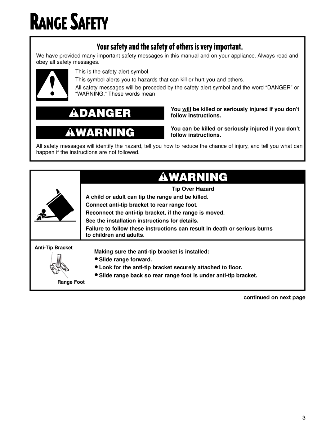 Whirlpool RF314PXG, RF315PXG manual Range Safety, On next 