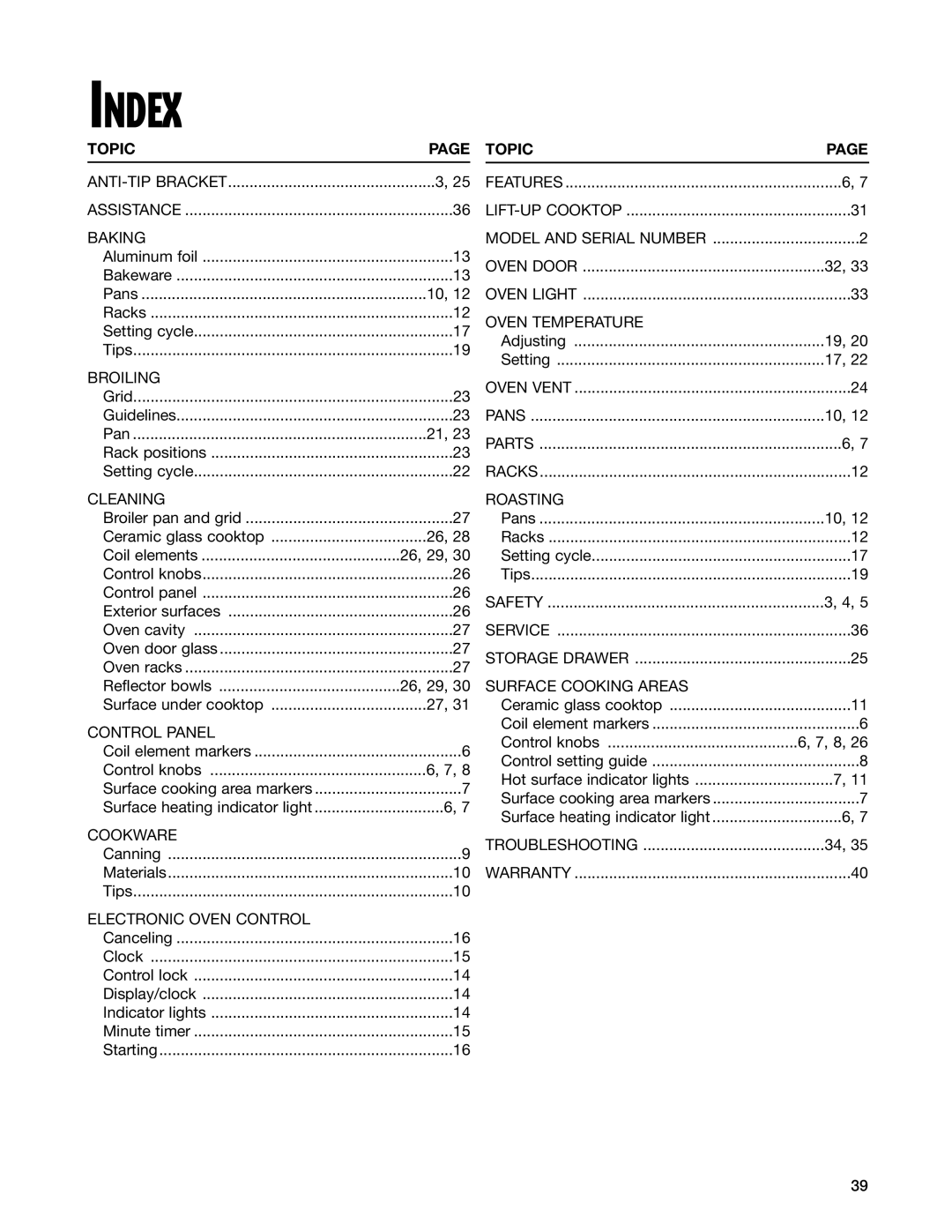 Whirlpool RF314PXG, RF315PXG manual Index, Topic 