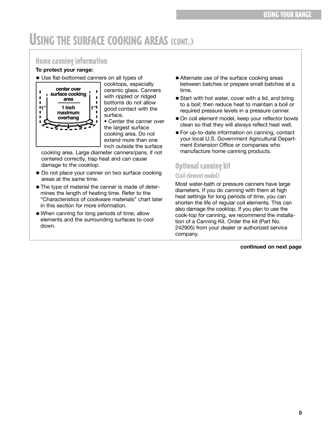 Whirlpool RF314PXG, RF315PXG manual Home canning information, Optional canning kit, To protect your range 