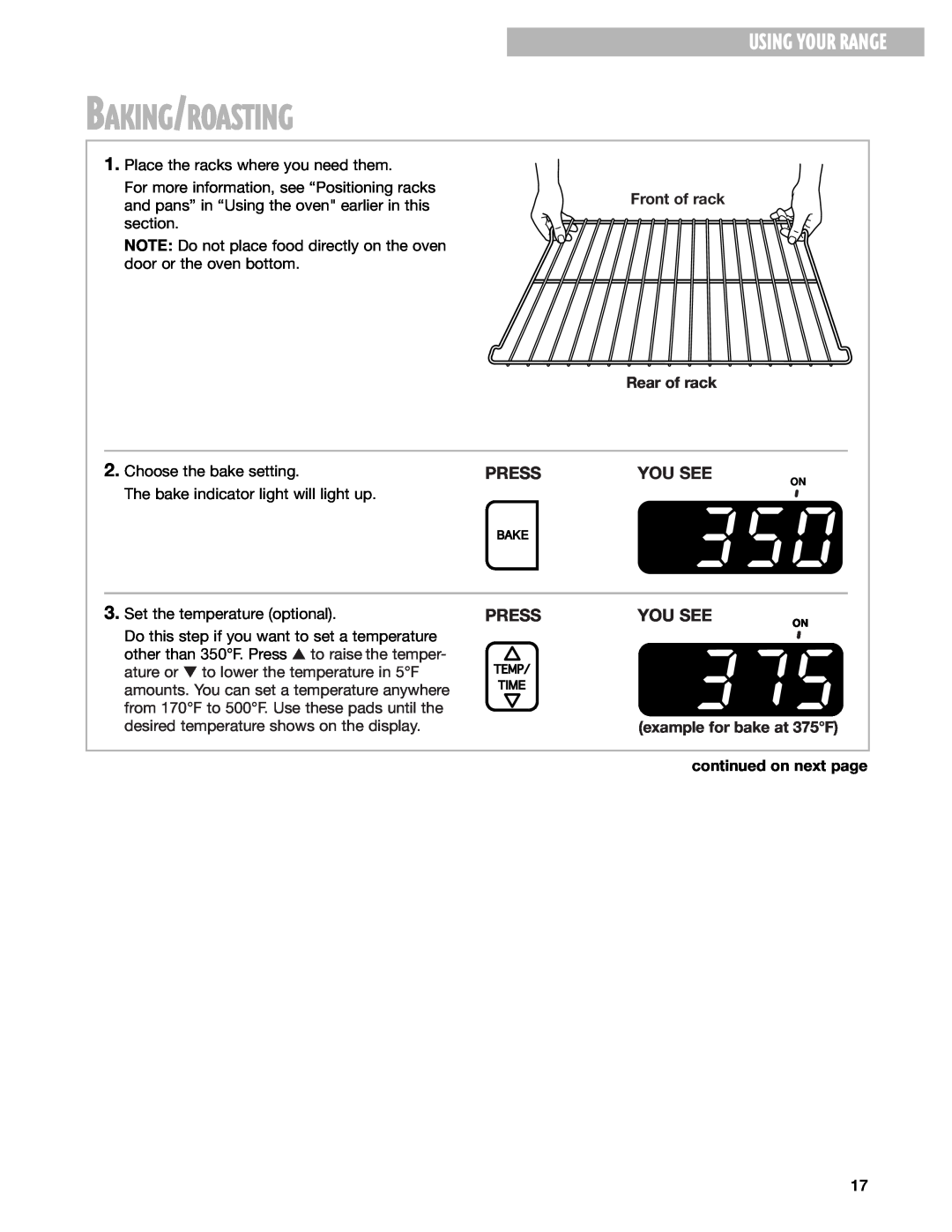Whirlpool RF314PXG Baking/Roasting, Using Your Range, Press, You See, Front of rack, Rear of rack, continued on next page 