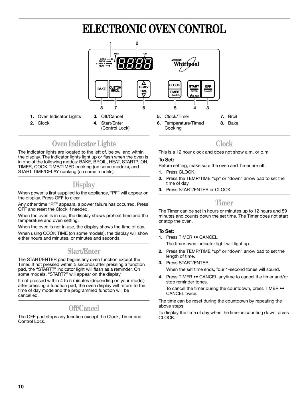 Whirlpool RF314PXK, RF315PXK, 8522769 manual Electronic Oven Control 